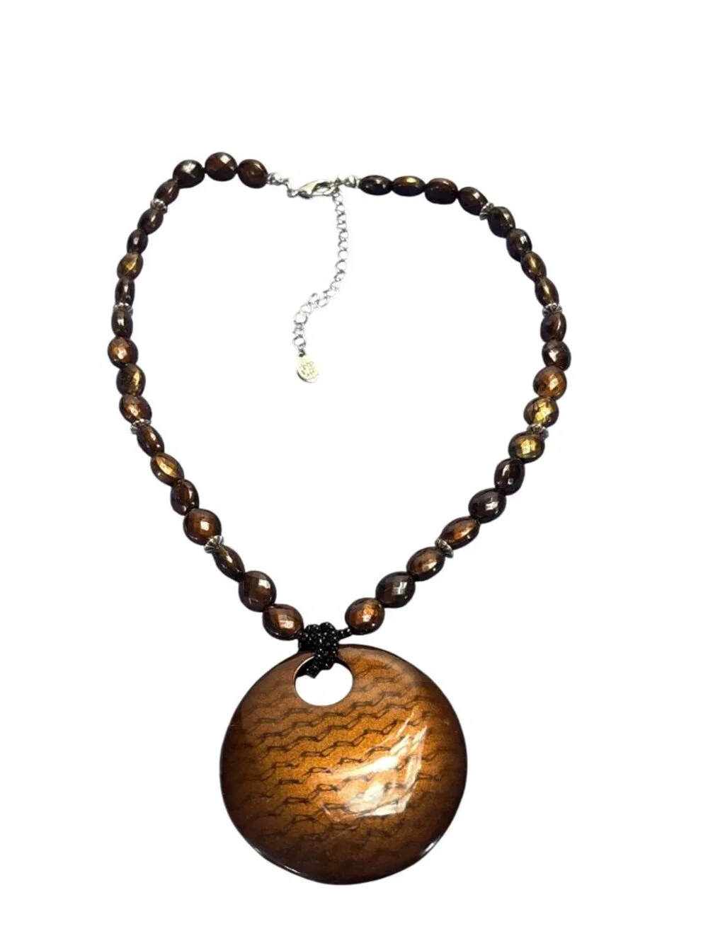 Cookie Lee Brown Plastic Beaded Necklace Circle Pendant Silvertone Lobster Clasp